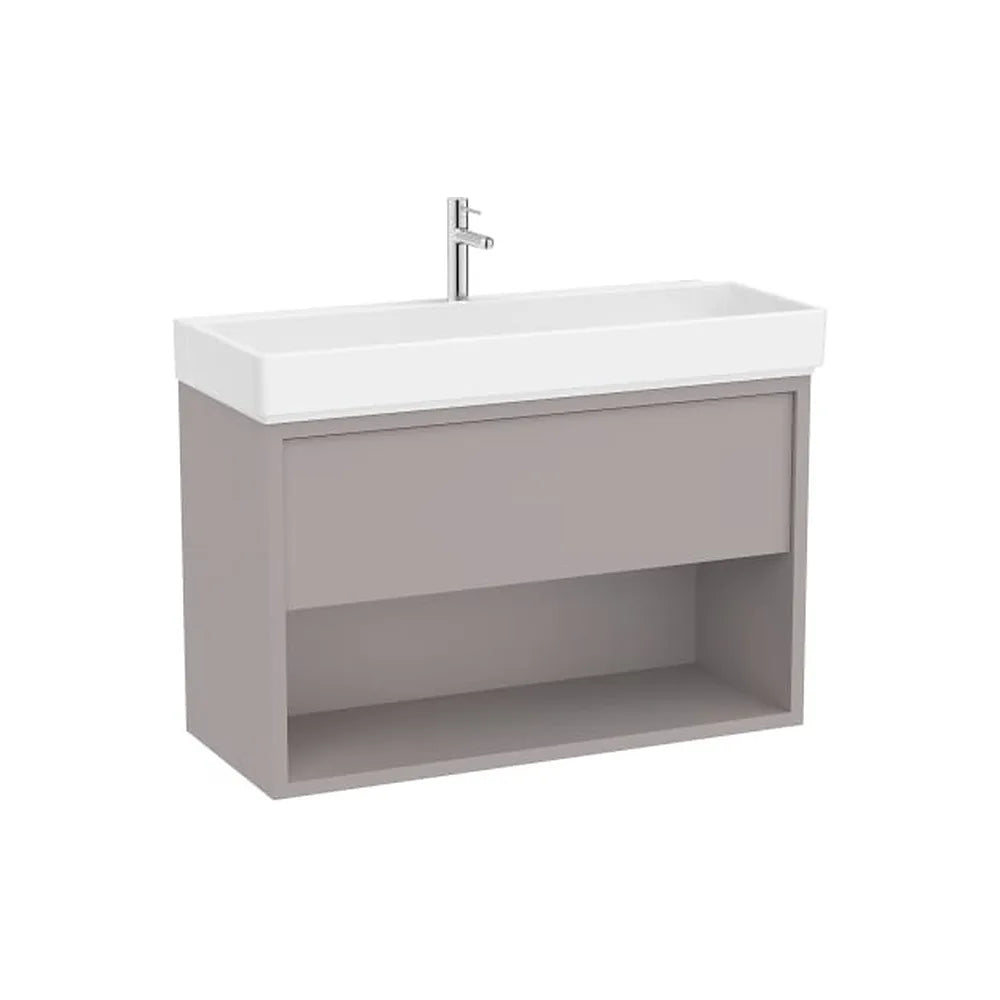 Mueble base suspendido con lavabo de porcelana y cajón gris claro 100x43x60 cm Roca - Vista 1