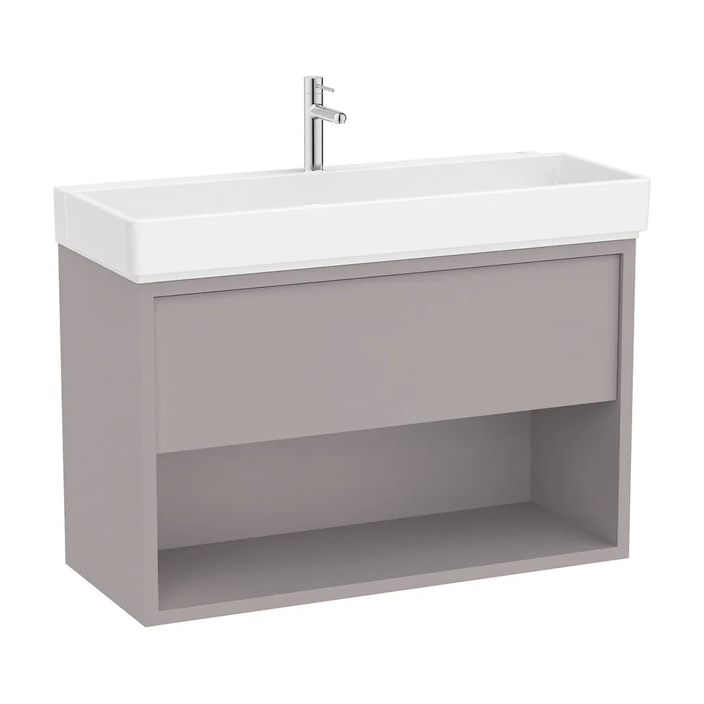 Mueble base suspendido con lavabo de porcelana y cajón gris claro 100x43x60 cm Roca - Vista 2