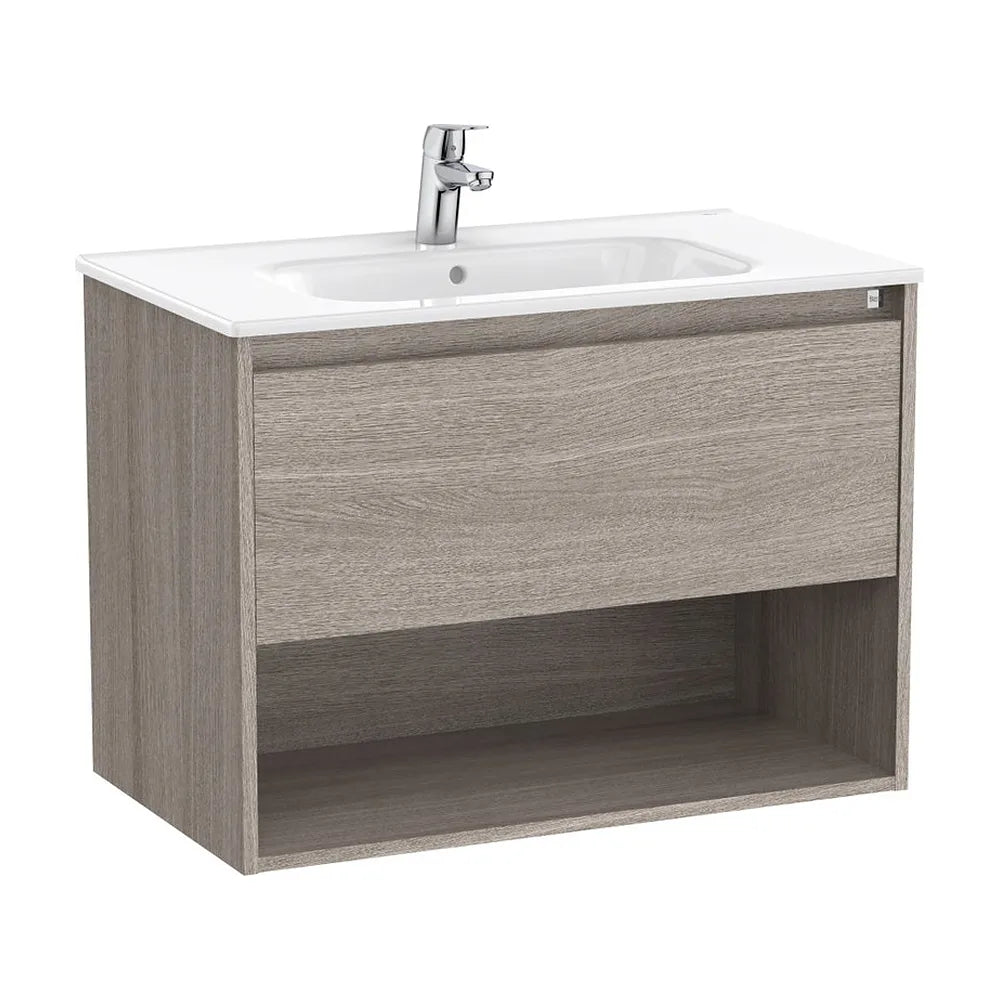 Mueble base suspendido con cajón estante abierto y lavabo 80x46x58 cm Roca - Vista 2