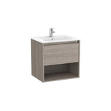 Mueble base suspendido con un cajón estante abierto y lavabo porcelana 60x46x58 cm Roca