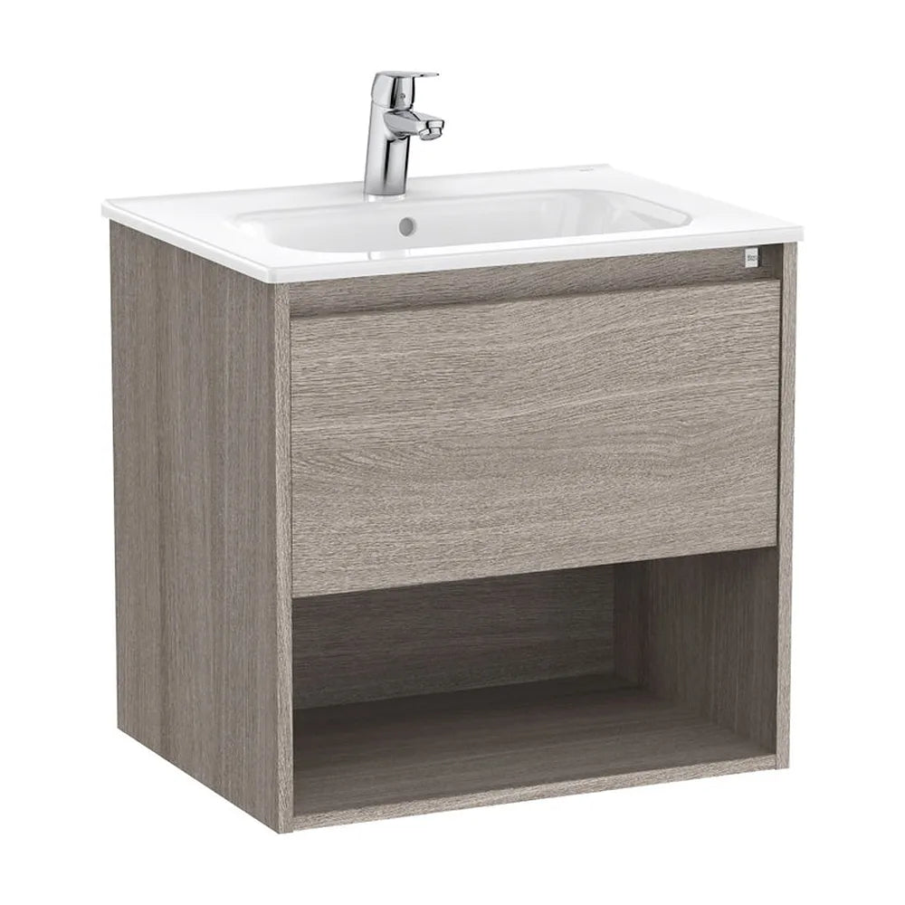 Mueble base suspendido con un cajón estante abierto y lavabo porcelana 60x46x58 cm Roca - Vista 2