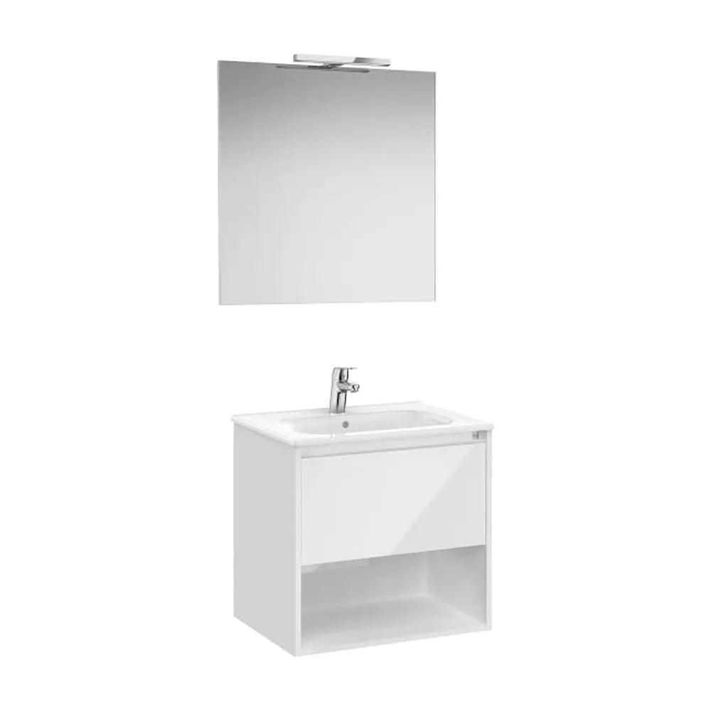 Pack mueble base con cajón estante lavabo espejo y aplique LED blanco brillo Roca - Vista 1