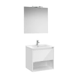 Ensemble meuble bas suspendu avec tiroir et étagère ouverte lavabo miroir et applique LED blanc brillant Roca