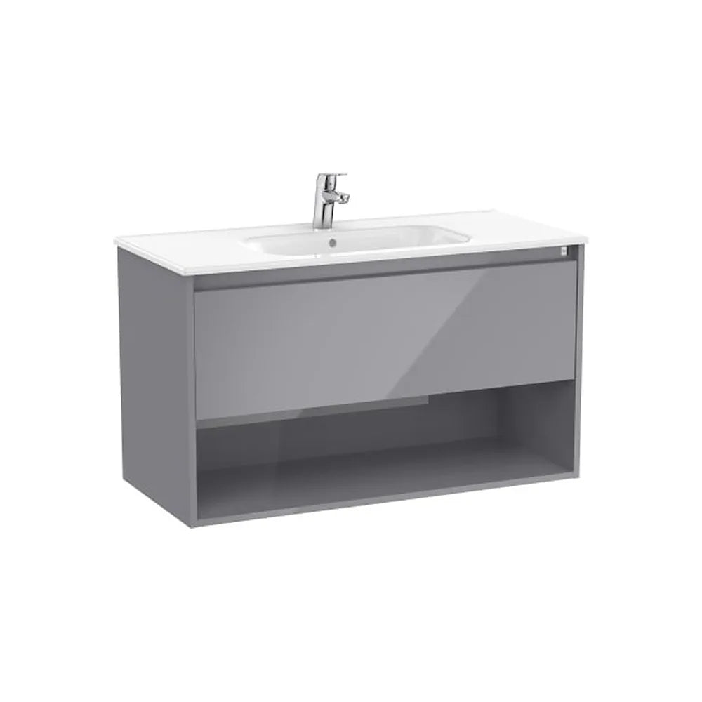 Mueble base suspendido con cajón estante abierto y lavabo porcelana 1005x46x58 cm Roca - Vista 1