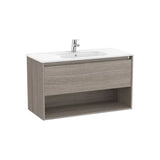 Mueble base suspendido con cajón estante abierto y lavabo 100x46x58 cm Roca