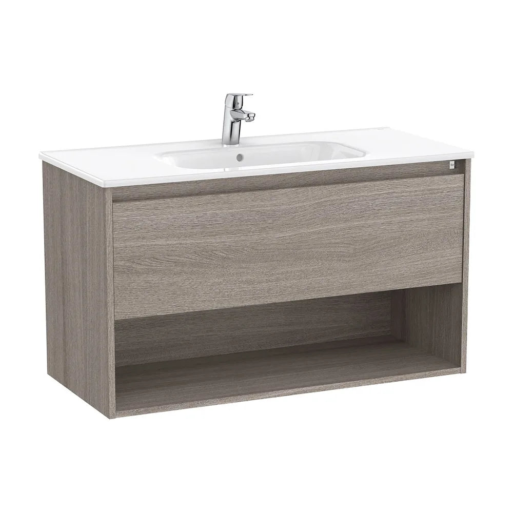 Mueble base suspendido con cajón estante abierto y lavabo 100x46x58 cm Roca - Vista 2
