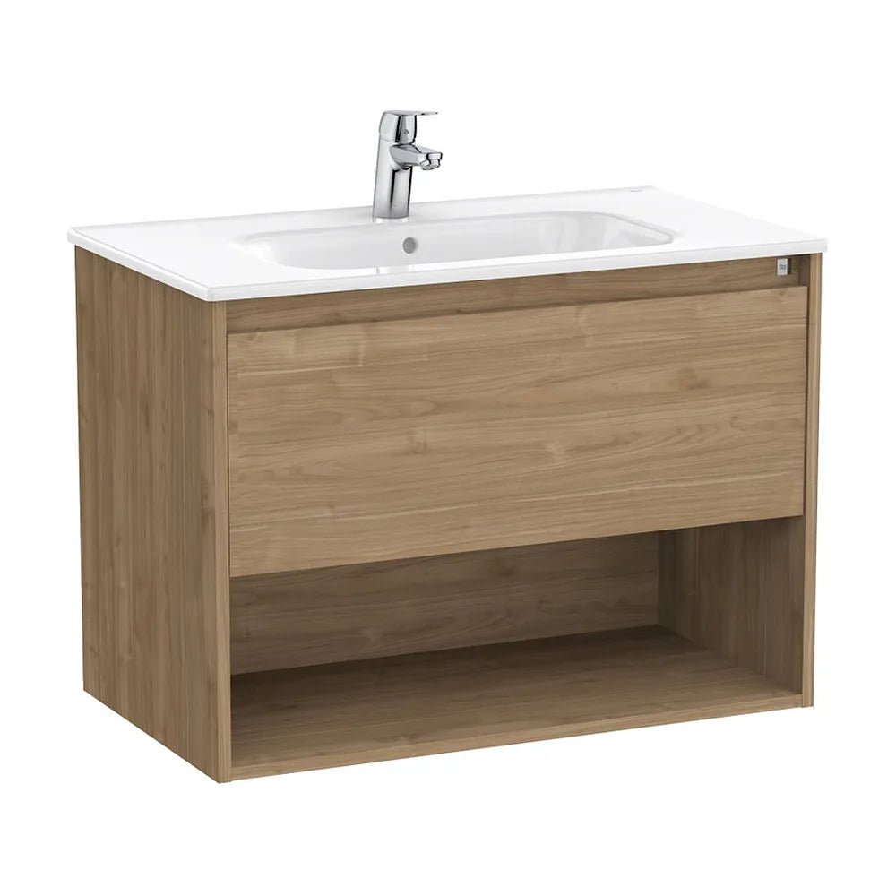 Mueble base suspendido con cajón estante abierto y lavabo 80x46x58 cm Nogal Roca - Vista 2