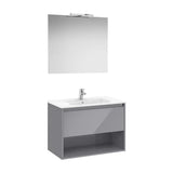 Pack mueble base con cajón estante lavabo espejo y aplique LED gris brillo Roca