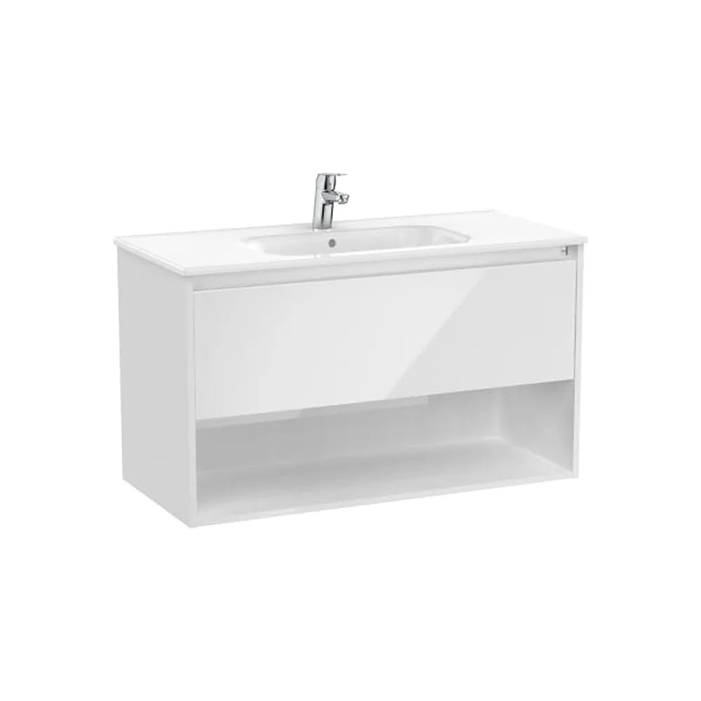 Mueble base suspendido con un cajón estante abierto y lavabo 1005x460x580 mm Roca - Vista 1
