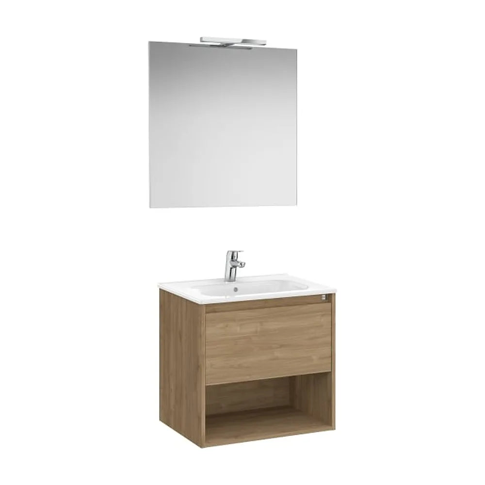Pack mueble base con cajón estante lavabo espejo y aplique LED nogal Roca - Vista 1