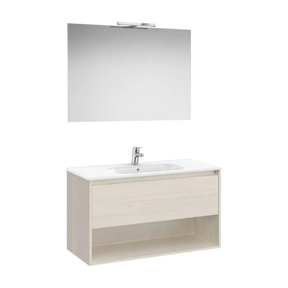 Pack mueble base cajón estante lavabo espejo aplique LED Fresno nórdico Roca - Vista 1