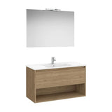 Pack mueble base con cajón estante lavabo espejo y aplique LED Nogal Roca