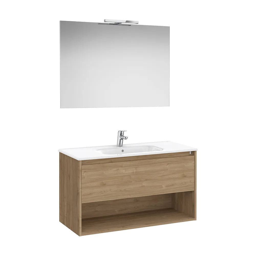 Pack mueble base con cajón estante lavabo espejo y aplique LED Nogal Roca - Vista 2