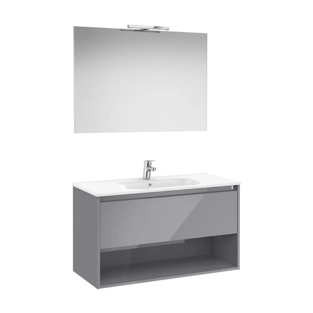 Pack mueble base con cajón estante lavabo espejo y aplique LED gris brillo Roca - Vista 1