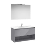 Pack mueble base con cajón estante lavabo espejo y aplique LED gris brillo Roca