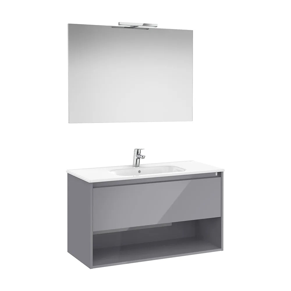 Pack mueble base con cajón estante lavabo espejo y aplique LED gris brillo Roca - Vista 2