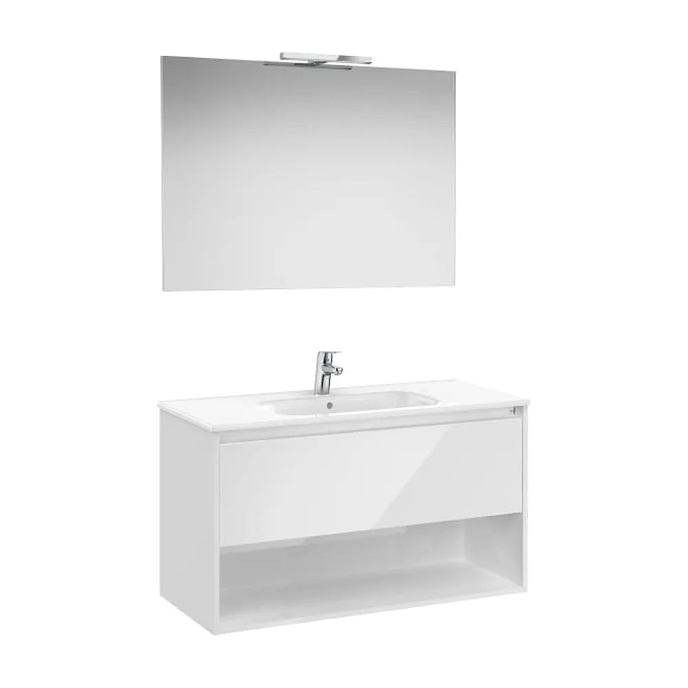 Pack mueble base con cajón estante lavabo espejo y aplique LED 100x46x58 cm Roca - Vista 1