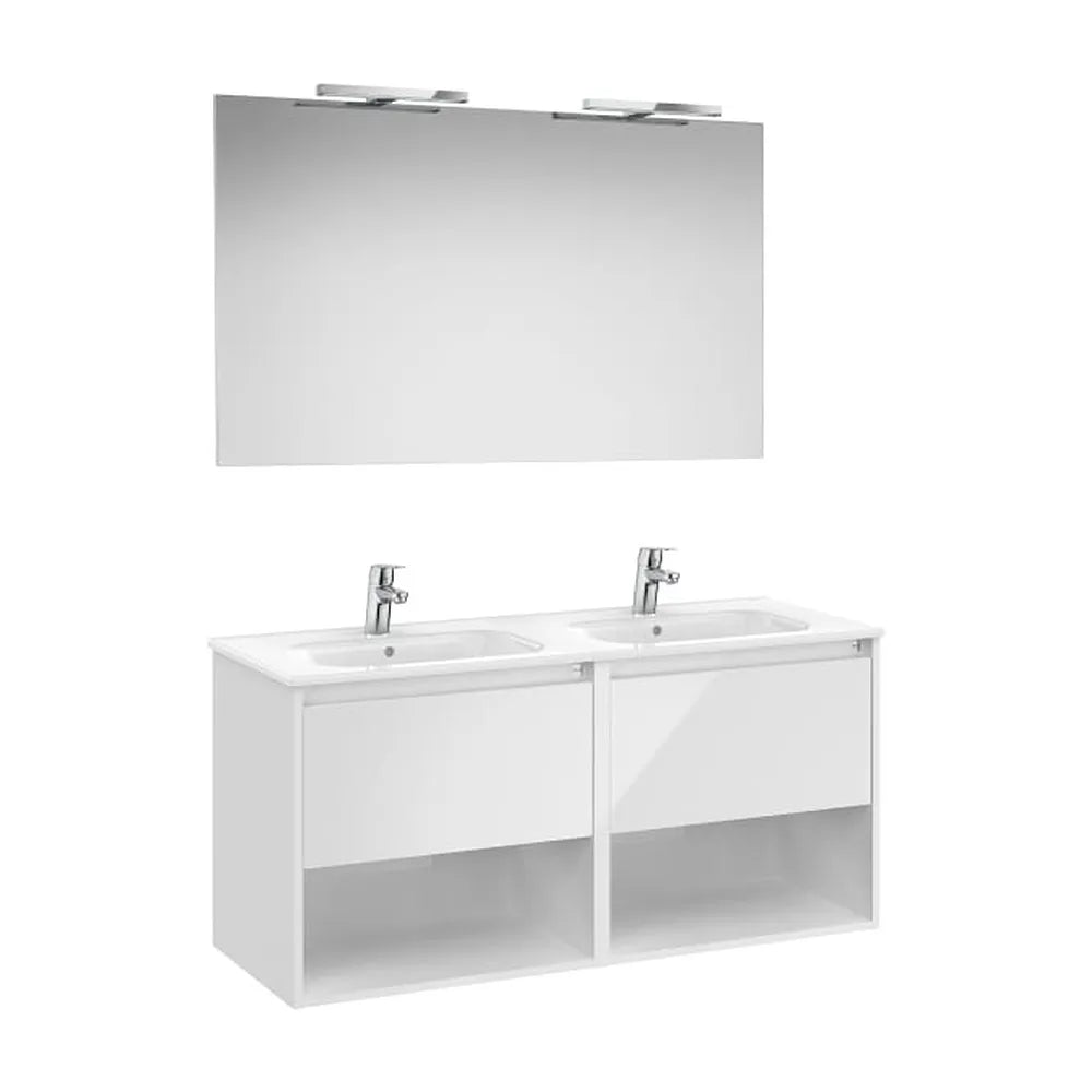 Pack mueble base dos cajones dos estantes lavabo doble espejo apliques LED Roca - Vista 1