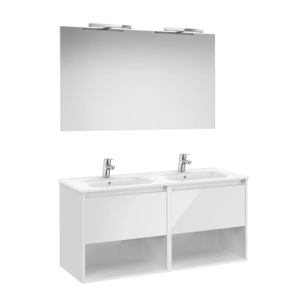 Pack mueble base dos cajones dos estantes lavabo doble espejo apliques LED Roca - Vista 2