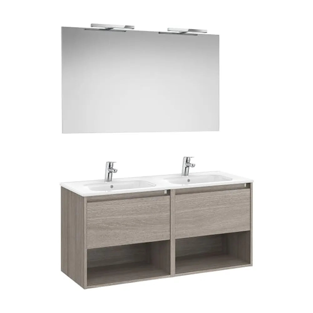 Mueble Base 2 Cajones Dos Estantes Lavabo Doble Espejo Apliques Led City Roble Roca - Vista 1