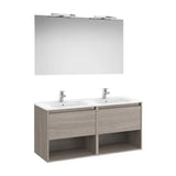 Mueble Base 2 Cajones Dos Estantes Lavabo Doble Espejo Apliques Led City Roble Roca