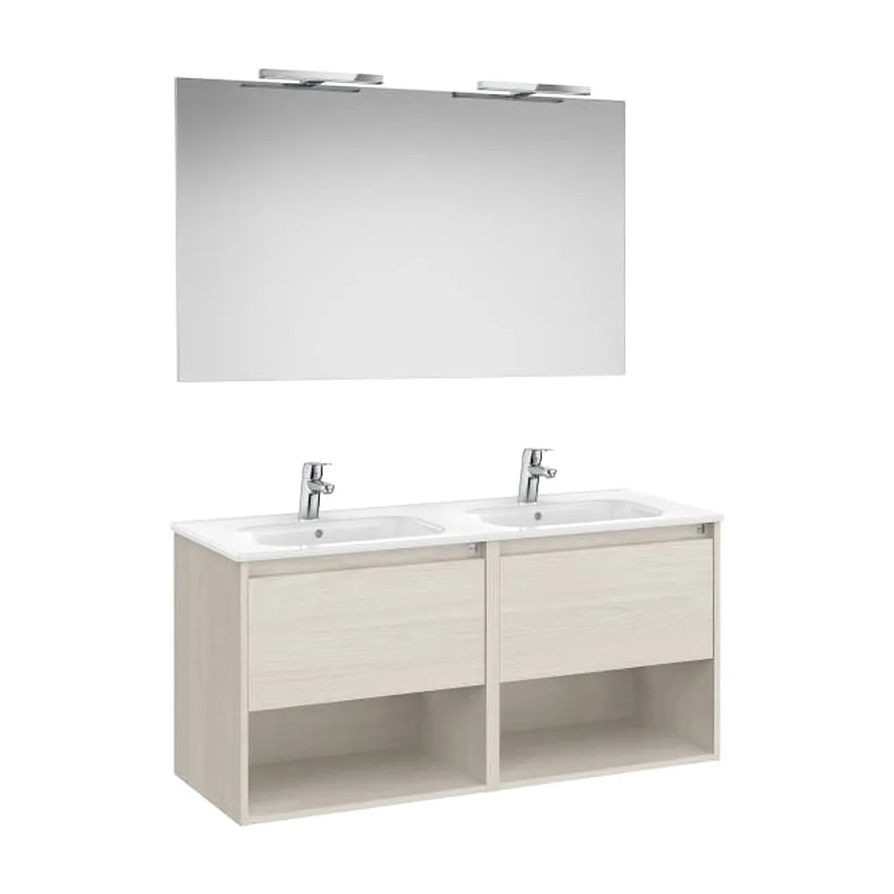 Pack mueble base dos cajones dos estantes lavabo doble espejo apliques LED 119x46x58 cm Roca - Vista 1