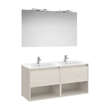 Pack mueble base dos cajones dos estantes lavabo doble espejo apliques LED 119x46x58 cm Roca