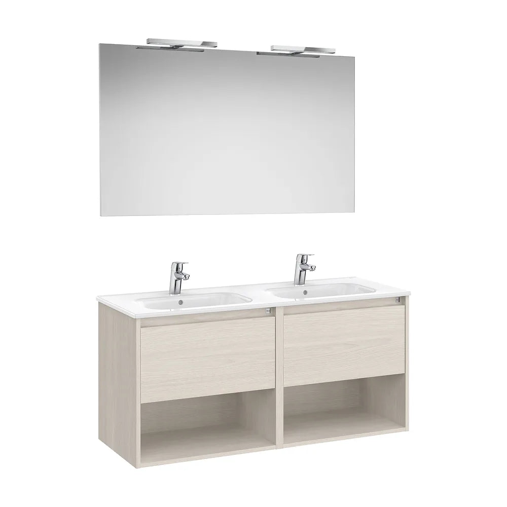 Pack mueble base dos cajones dos estantes lavabo doble espejo apliques LED 119x46x58 cm Roca - Vista 2