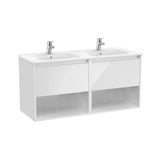 Mueble suspendido con lavabo doble dos cajones y dos estantes abiertos 119x46x58 cm Roca
