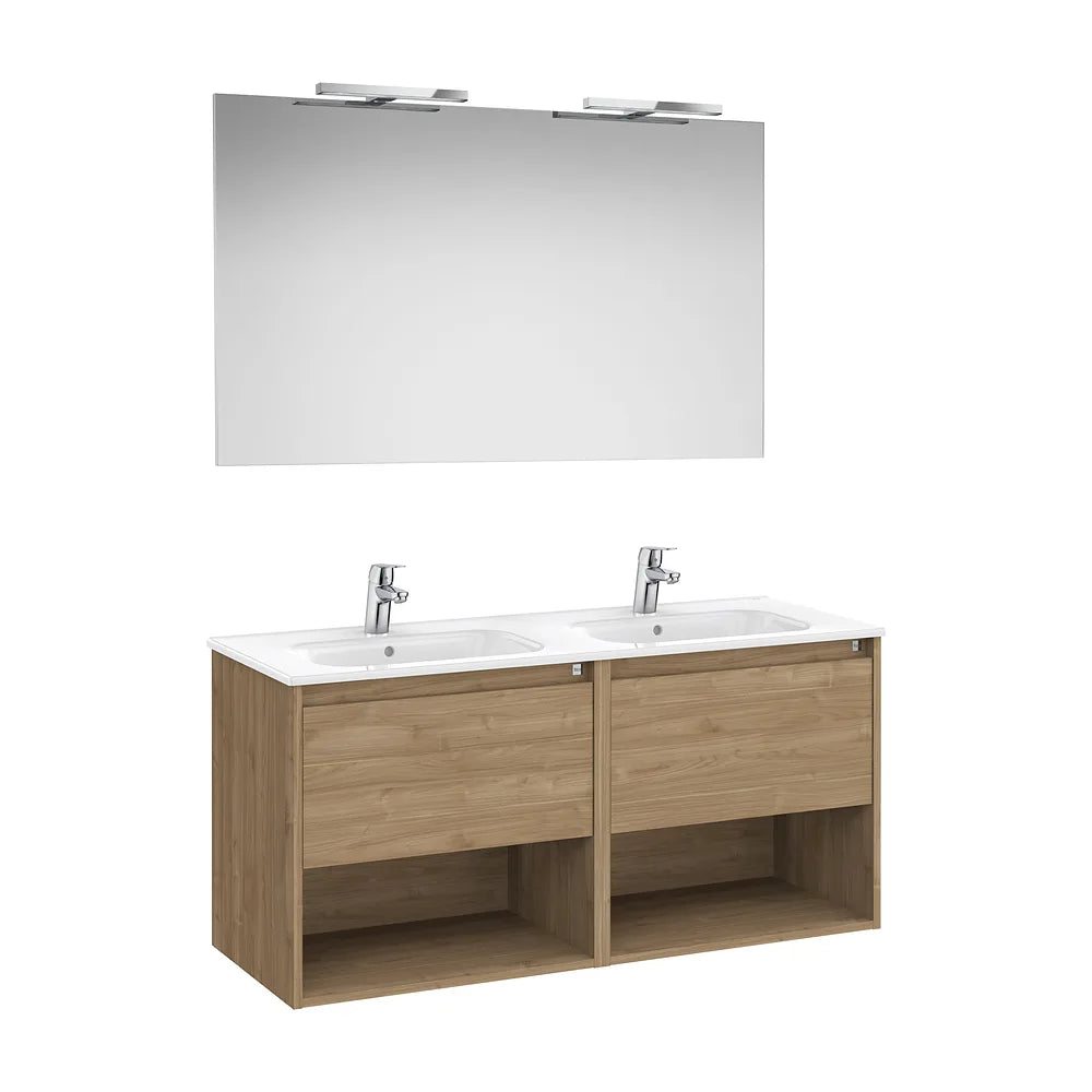 Mueble Base 2 Cajones Dos Estantes Lavabo Doble Espejo Apliques Led Roca - Vista 2