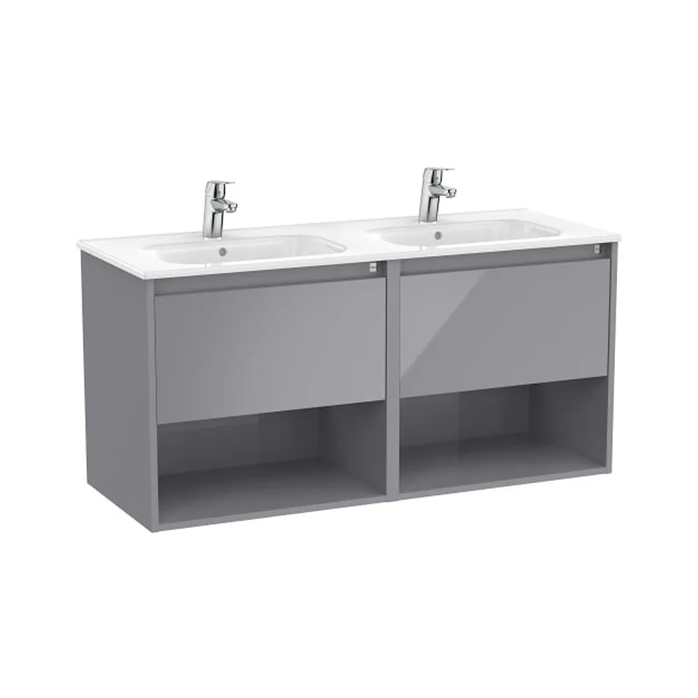 Mueble suspendido con lavabo doble dos cajones y dos estantes abiertos 119x46x58 cm Roca - Vista 1