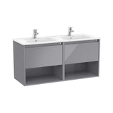 Mueble suspendido con lavabo doble dos cajones y dos estantes abiertos 119x46x58 cm Roca