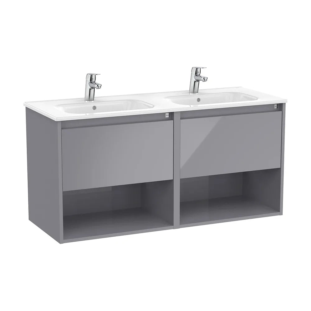 Mueble suspendido con lavabo doble dos cajones y dos estantes abiertos 119x46x58 cm Roca - Vista 2