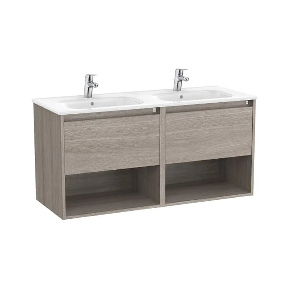 Mueble suspendido dos cajones dos estantes lavabo doble 119x46x58 cm Roca - Vista 1