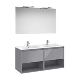 Pack mueble base suspendido dos cajones dos estantes lavabo doble espejo LED Roca
