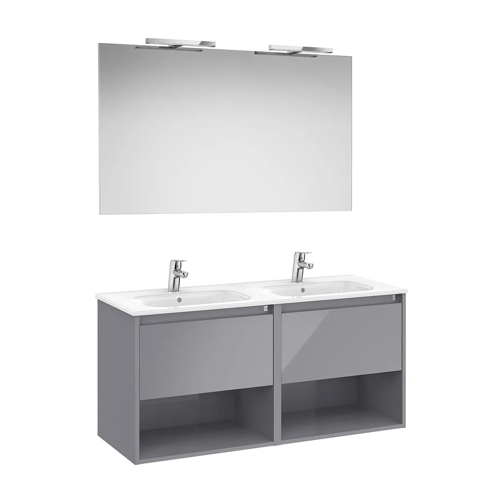 Pack mueble base suspendido dos cajones dos estantes lavabo doble espejo LED Roca - Vista 2