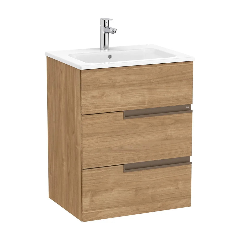 Mueble Base Suspendido con Lavabo Porcelana Tres Cajones Nogal 60x46x75cm Roca - Vista 2