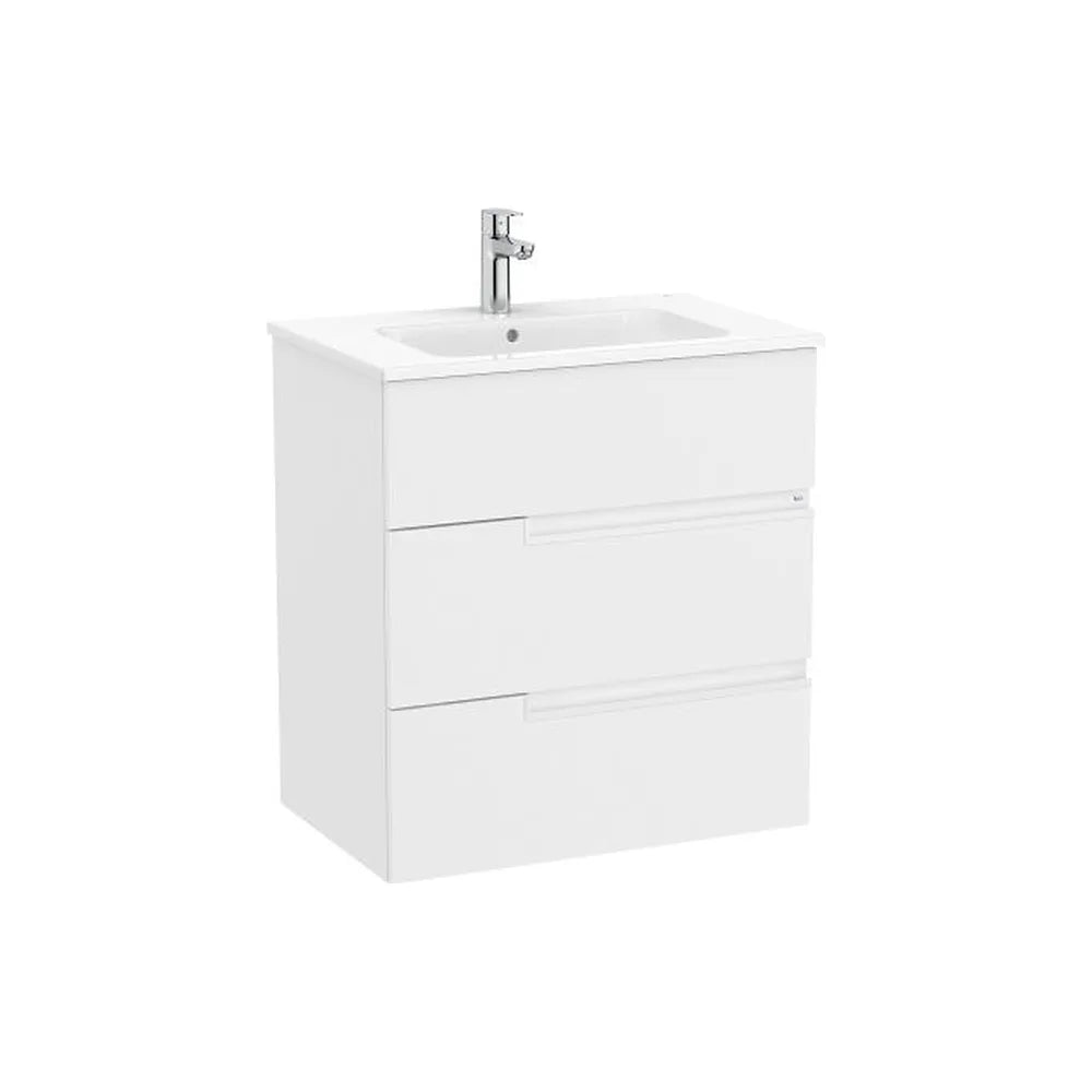 Mueble base suspendido con lavabo de porcelana tres cajones blanco mate Roca - Vista 1