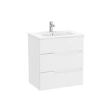 Mueble base suspendido con lavabo de porcelana tres cajones blanco mate Roca