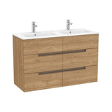 Mueble base suspendido seis cajones lavabo doble porcelana nogal Roca
