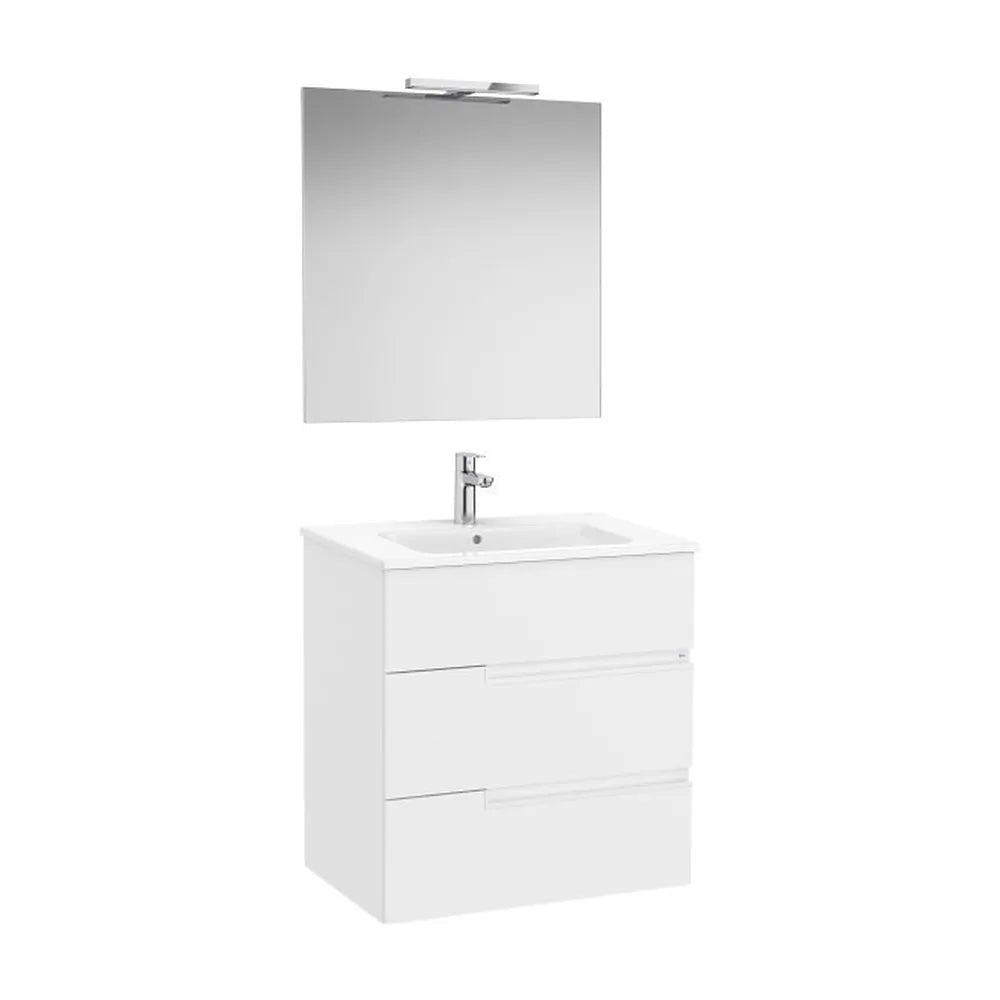 Pack mueble base tres cajones lavabo porcelana espejo aplique LED blanco mate Roca - Vista 1