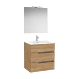Pack mueble base tres cajones lavabo porcelana espejo aplique LED Starlight nogal Roca