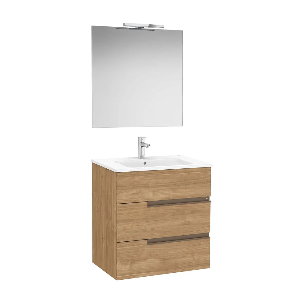 Pack mueble base tres cajones lavabo porcelana espejo aplique LED Starlight nogal Roca - Vista 2