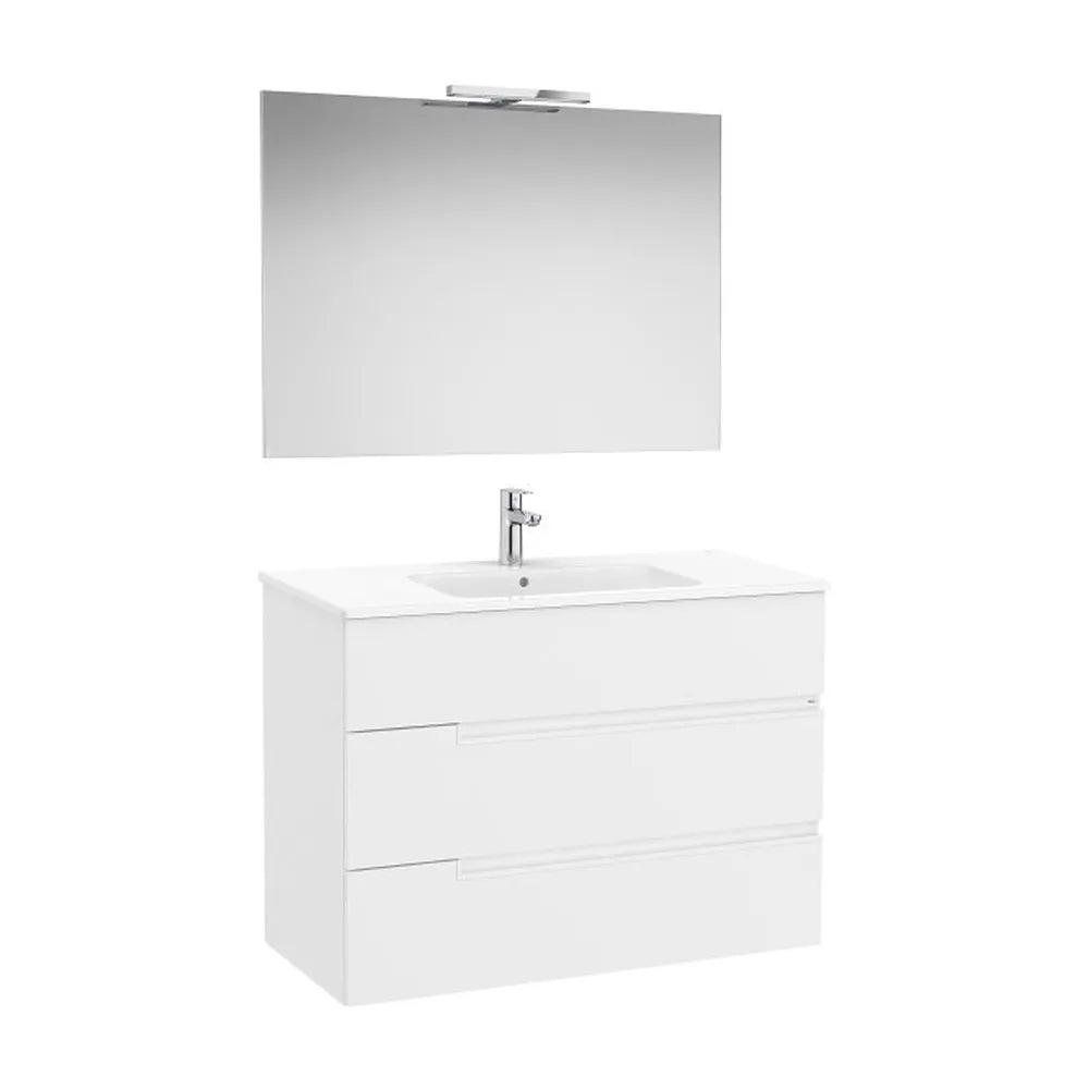 Pack mueble base tres cajones lavabo porcelana espejo LED Starlight blanco mate Roca - Vista 1