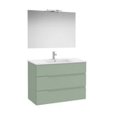 Pack mueble base tres cajones lavabo porcelana espejo aplique LED 100x46x75 cm Roca