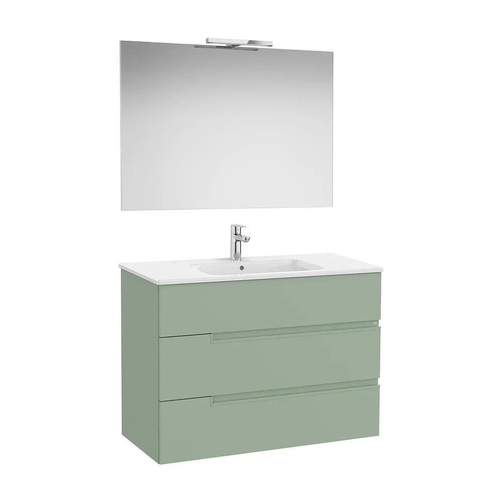 Pack mueble base tres cajones lavabo porcelana espejo aplique LED 100x46x75 cm Roca - Vista 2