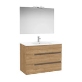 Pack mueble base tres cajones lavabo porcelana espejo aplique LED nogal Roca