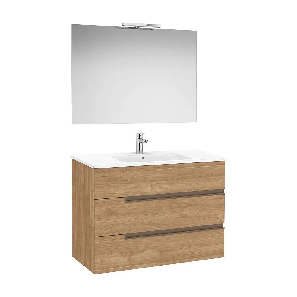 Pack mueble base tres cajones lavabo porcelana espejo aplique LED nogal Roca - Vista 2