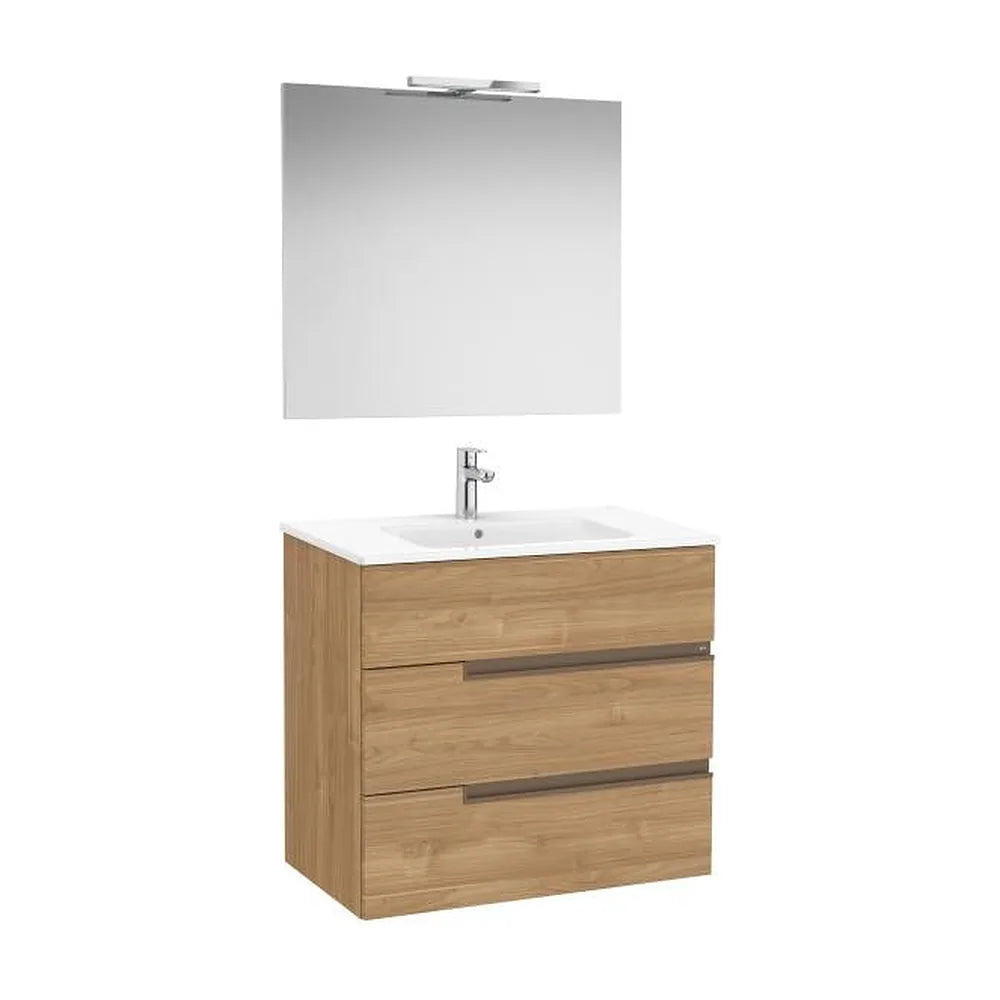 Pack mueble base tres cajones lavabo porcelana espejo aplique LED Starlight nogal Roca - Vista 1