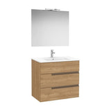 Pack mueble base tres cajones lavabo porcelana espejo aplique LED Starlight nogal Roca